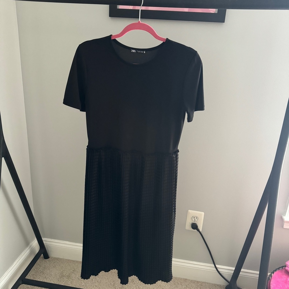 Zara Black Midi Dress with Textured Pleated Skirt Small